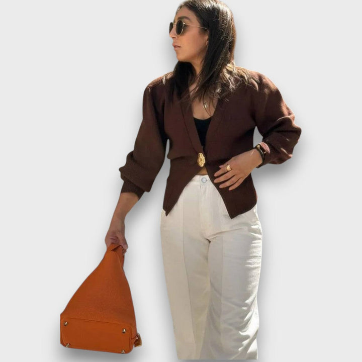 Enea – Cardigan with Deep V-Neck and Gold Button